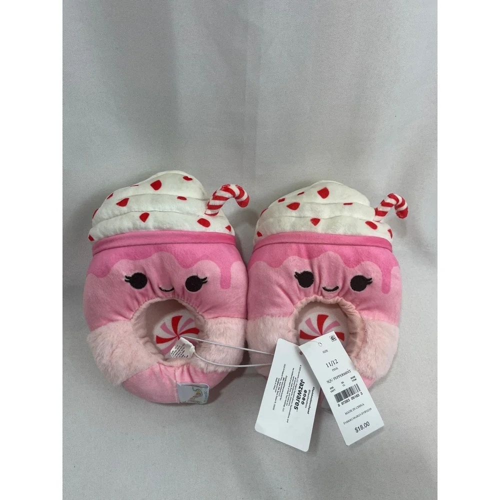 Squishmallows Peppermint Hot Cocoa Pink Plush Slippers‎ Kids Size 11/12 NWT